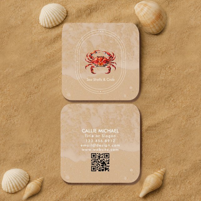 Carré Carte de visite de crabe d'aquarelle / Plage côtiè (#watercolorcrab #businesscard, #coastalbusinesscard, #beachshopcard, #seafoodrestaurantcard, )