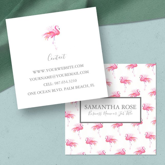 Carré Carte de visite de Flamant rose rose tropical (Pink flamingo business cards tropical pink watercolor art by Victoria Grigaliunas Do Tell A Belle)