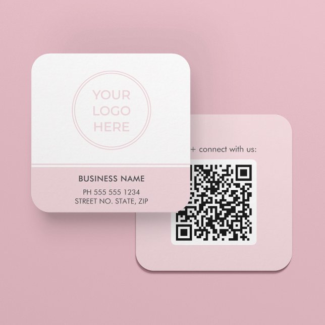 Carré Carte de visite de logo de code QR rose moderne (Front and back shown. Square card, 2.5 inches. Choose size, corner, and paper style.)