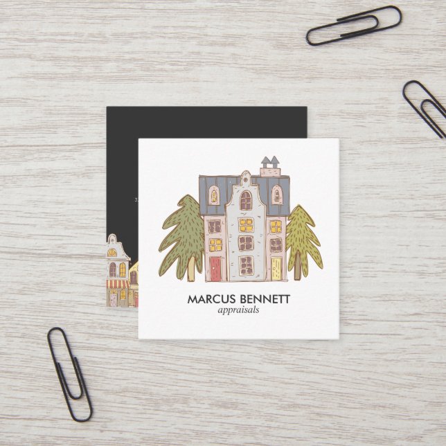 Carré Carte de visite d'évaluateur immobilier tiré à la  (Devant/Arrière en situation)