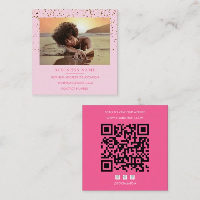 Carré Carte de visite glitter rose or QR Code Réseaux So (Devant / Derrière)