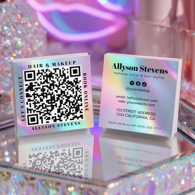 Carré Carte de visite holographique licorne gras QR Code (Holographic Unicorn Bold QR Code Hair & Makeup Square Business Card)