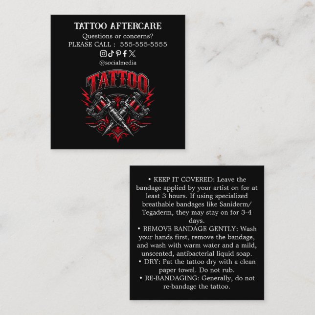 Carré Carte de visite instructions de soins après tatoua (Devant / Derrière)