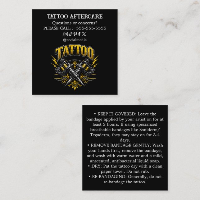 Carré Carte de visite Instructions de soins après tatoua (Devant / Derrière)