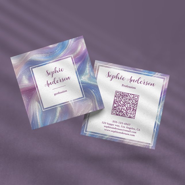 Carré Carte de visite Marbre Iridescent Pastel avec Code (Créateur téléchargé)