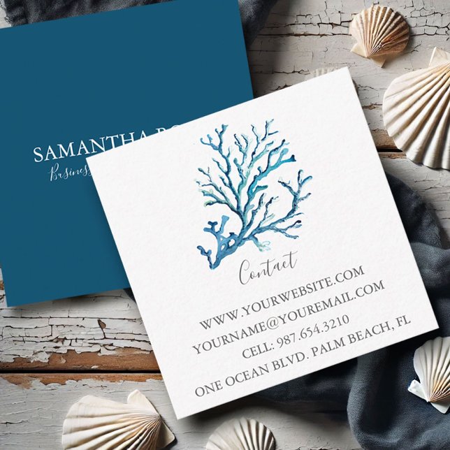 Carré Carte de visite Mer Bleue Côtière Corail (Watercolor business cards sea coral art by Victoria Grigaliunas of Do Tell A Belle)