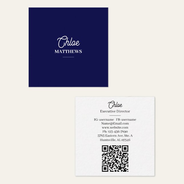 Carré Carte de visite moderne bleu marine avec code QR (Créateur téléchargé)