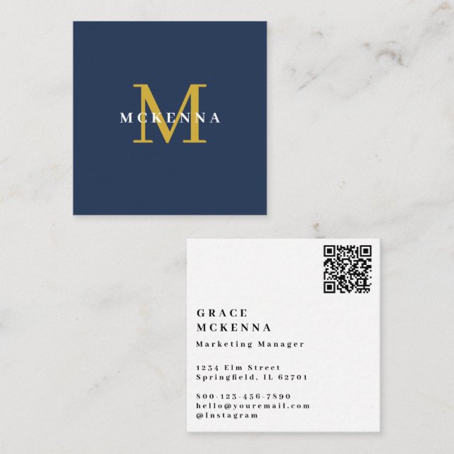 Carré Carte de visite moderne QR Code bleu marine et or (Devant / Derrière)