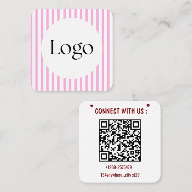 Carré Carte de visite QR Code à rayures roses | Logo per (Devant / Derrière)