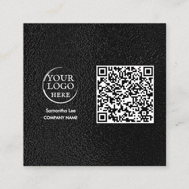 Carré Carte de visite QR Code en cuir noir Logo moderne (Devant)