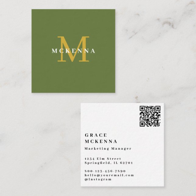 Carré Carte de visite QR Code moderne vert kaki (Devant / Derrière)
