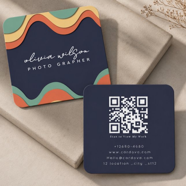 Carré Carte de visite QR Code pour photographe rétro mod (Créateur téléchargé)