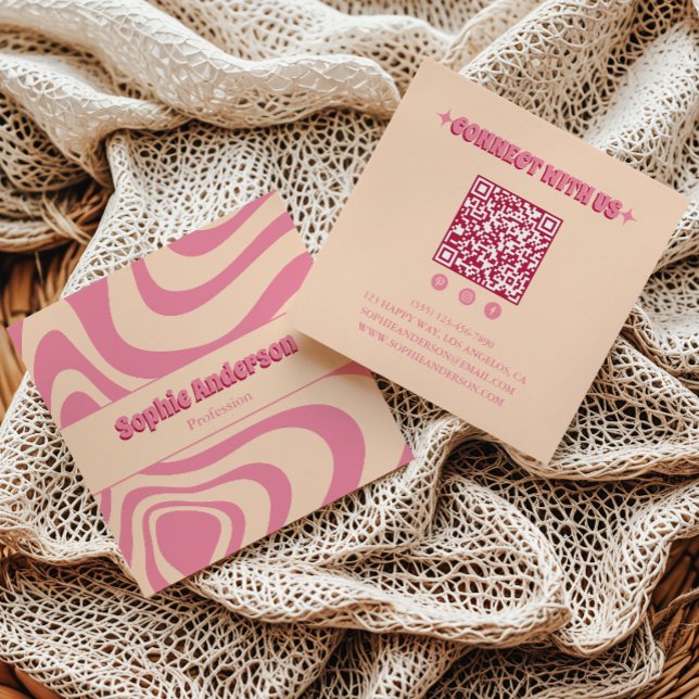 Carré Carte de visite rose rétro groovy avec QR Code (Créateur téléchargé)