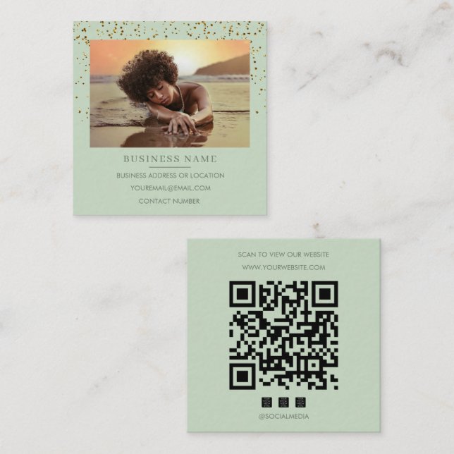 Carré Carte de visite sage vert or paillettes QR Code mé (Devant / Derrière)
