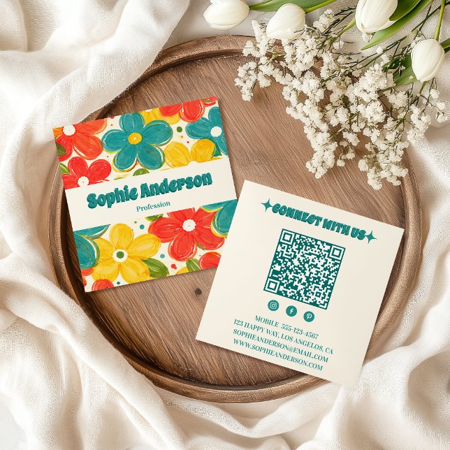 Carré Carte de visite sociale à code QR floral rétro col (Créateur téléchargé)