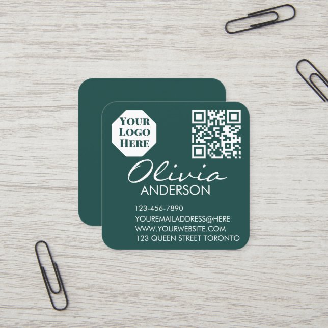 Carré Carte de visite verte premium avec code QR (Devant/Arrière en situation)