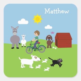 Carré Cartoon mignonne Animaux & Boy Riding Vélo Sticker