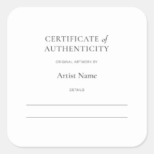 Carré Certificat d'authenticité pour Sticker Art