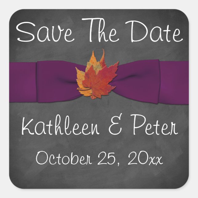 Carré Chalkboard, Chute Leaves Sticker Mariage - Violet (Devant)