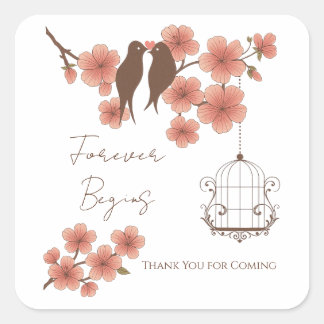 Carré Cherry Blossom Lovebirds Wedding Sticker