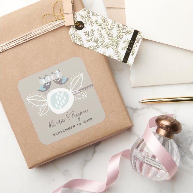 Carré Chouette Mariage Whimsical Sur Sticker Bleu Branch (Cadeaux)
