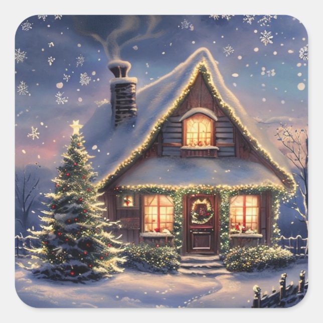 Carré Christmas House in the Snow Winter Holiday Sticker (Devant)