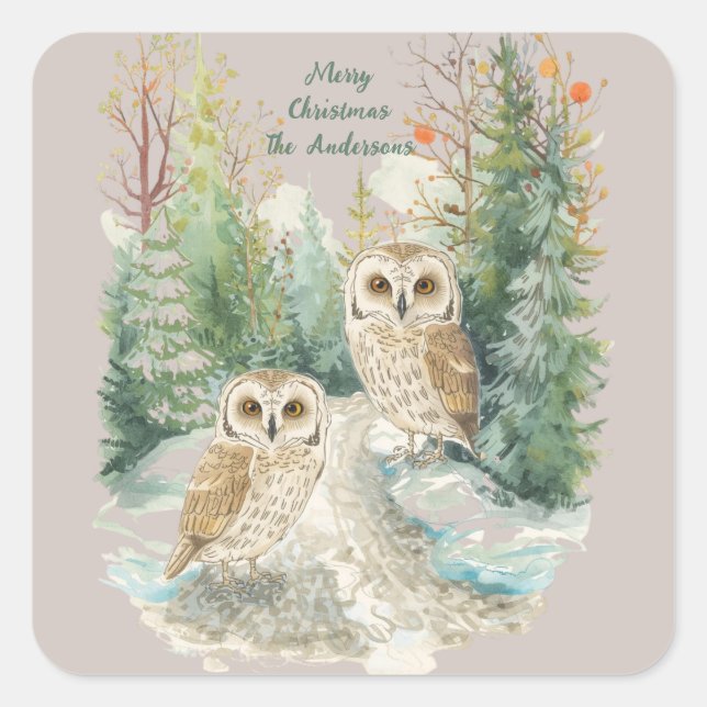 Carré Christmas Owl Sticker – Woodland Forest Watercolor (Devant)