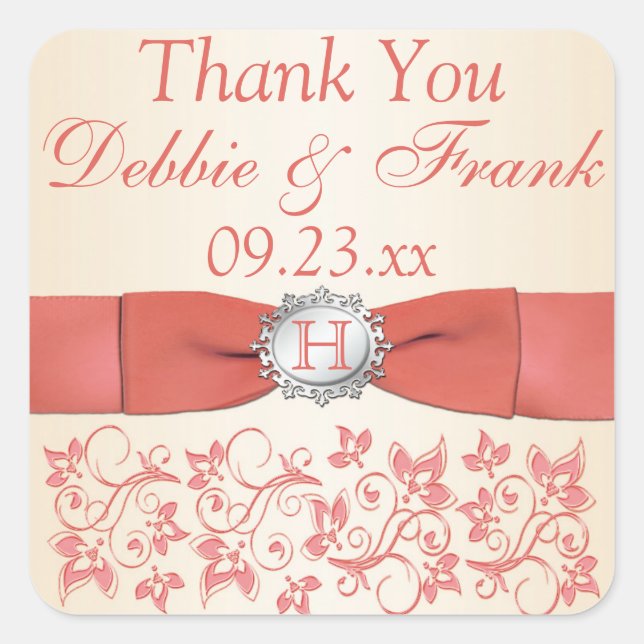Carré Corail, Champagne Floral Mariage Favoriser Sticker (Devant)