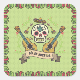 Carré Crâne à sucre et guitares Dia de Muertos   Sticker
