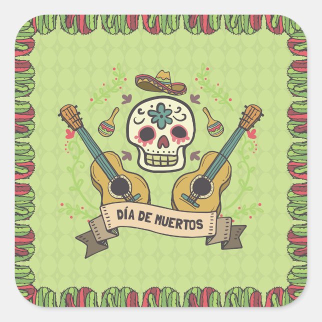 Carré Crâne à sucre et guitares Dia de Muertos | Sticker (Devant)