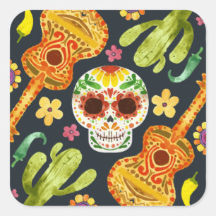 Carré Crâne à sucre et guitares Dia de Muertos   Sticker