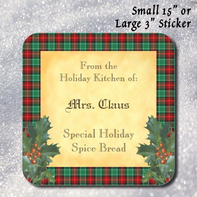 Carré Cuisine de vacances de Holly Plaid Baking Sticker (Holiday Red Green Plaid with Holly 'Holiday Kitchen of' sticker)