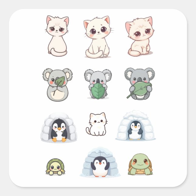 Carré Cute Animal & Igloo Sticker Kit – Cartoon Creature (Devant)
