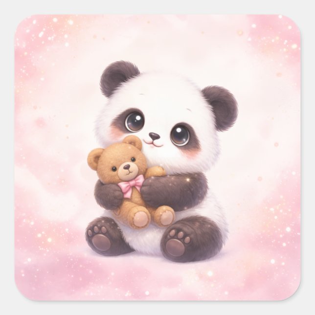 Carré Cute Baby Panda Hugging Teddy Bear Square Sticker (Devant)