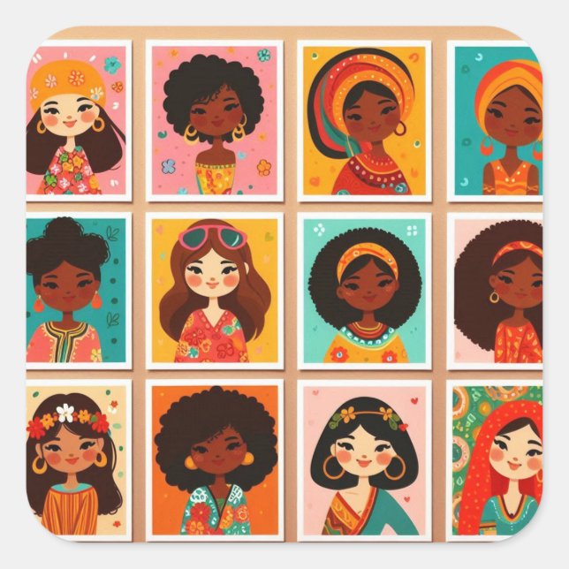 Carré Cute cartoon women of colour sticker (Devant)