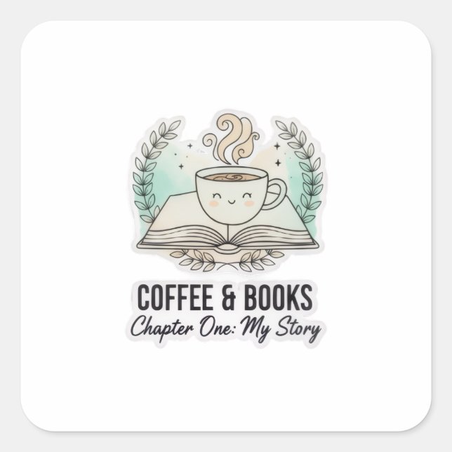 Carré Cute Coffee & Books Sticker – Book Lover Aesthetic (Devant)