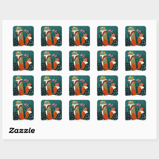 Carré Cute Fox and Cardinal Winter Sticker (Feuille)