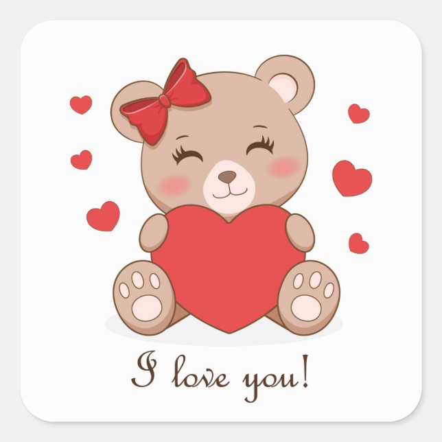 Carré Cute girl bear holding heart sticker (Devant)