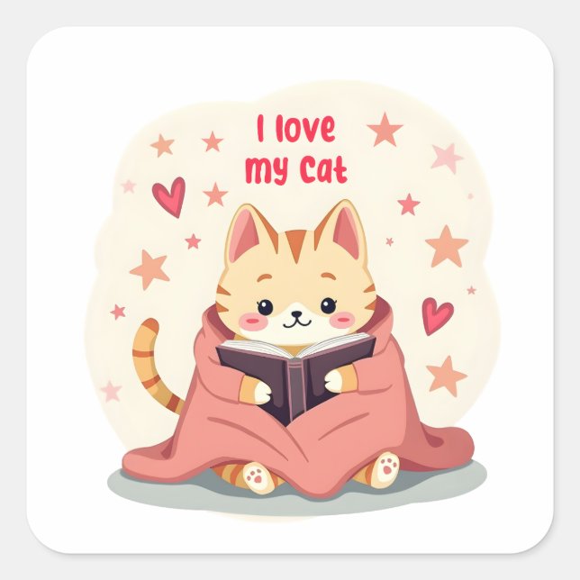 Carré Cute persian cat Sticker, reading book cat sticker (Devant)