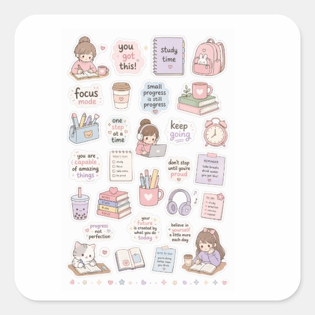 Carré Cute Study Motivation Sticker Sheet (Devant)