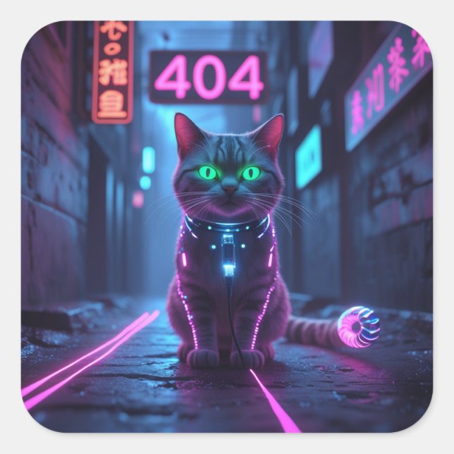Carré Cyberpunk 404 Error Neon Cat Sticker (Devant)