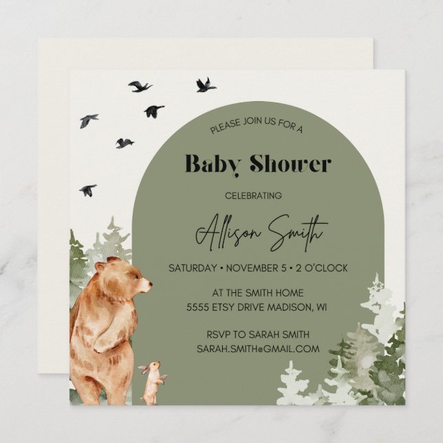 Carré d'aquarelle de bois Invitations Baby showers (Devant / Derrière)