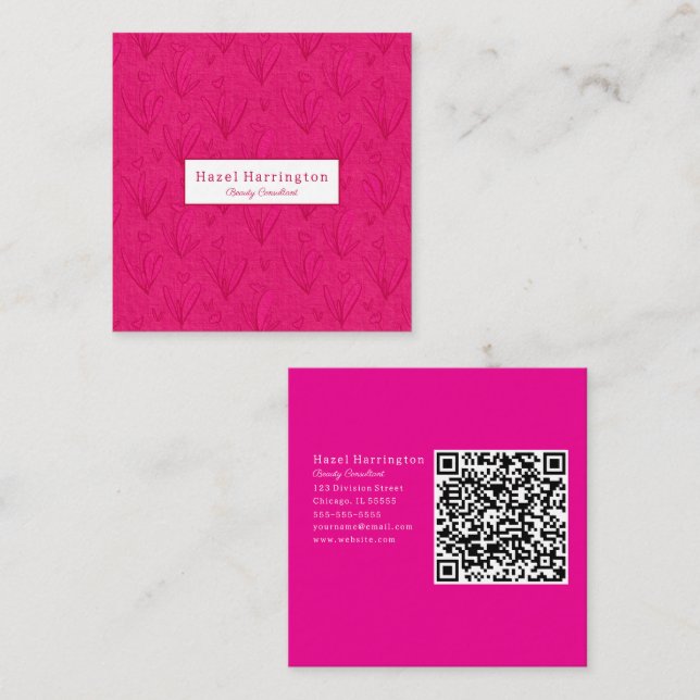 Carré de code QR rose chaud Carte de visite Floral (Devant / Derrière)