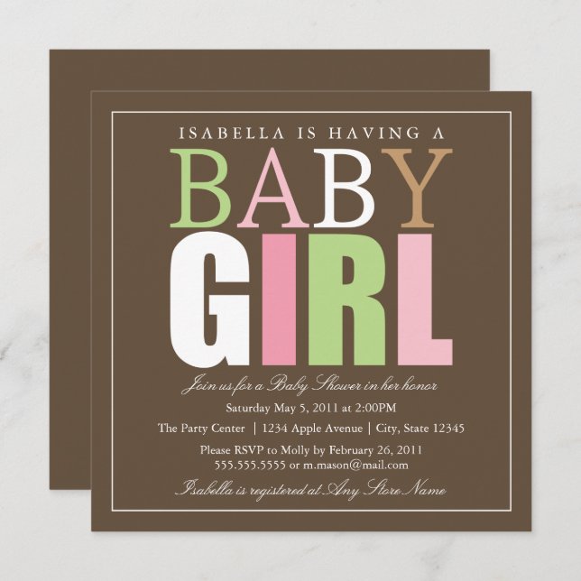 Carré de la petite fille| Invitation Baby shower (Devant / Derrière)