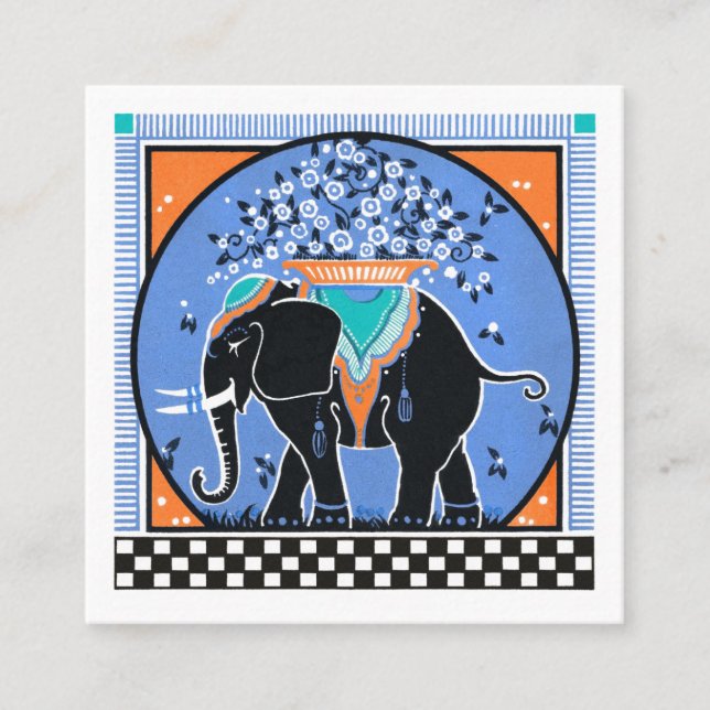 Carré Défilé d'éléphants sur carte de visite bleue pour  (Devant)