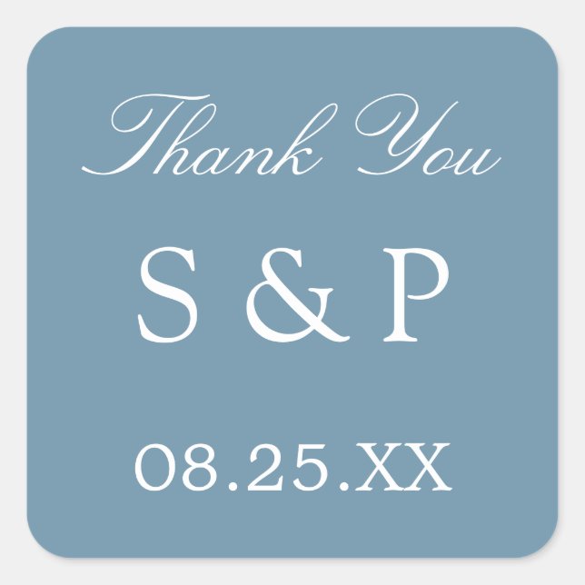 Carré Dusty Blue Wedding Favor Merci Sticker (Devant)