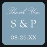 Carré Dusty Blue Wedding Favor Merci Sticker<br><div class="desc">Dusty Blue Wedding Favor Sticker Merci,  s'il vous plaît personnaliser avec les initiales du couple et la date du mariage,  en utilisant le modèle de personnalisation en ligne avant de commander.</div>