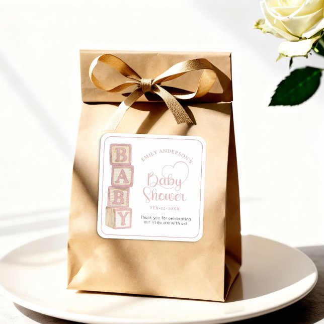 Carré Dusty Rose Baby Blocks Baby Shower Favor Sticker (Baby Shower Favor Sticker)