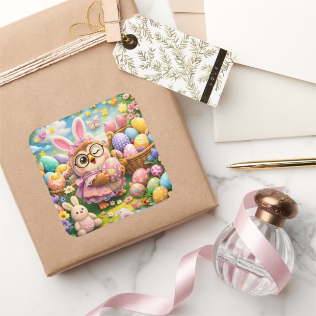 Carré Easter bunny and colourful eggs whimsical sticker  (Cadeaux)