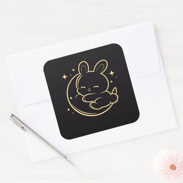 Carré Easter Bunny Moon Gold Line Art Sticker (Enveloppe)